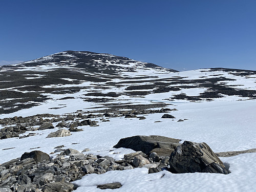 Jeg vinner jevnt høyde på ski og får fin utsikt mot Grjothø og Grjotåtjørnene
