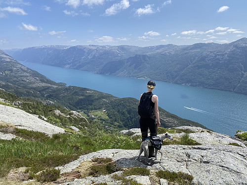 På 584-toppen åpnar det seg eineståande utsikt over Lysefjorden, her mot Kallali, Flørli og heilt inn til Kjerag, men óg beint ned til Songesand