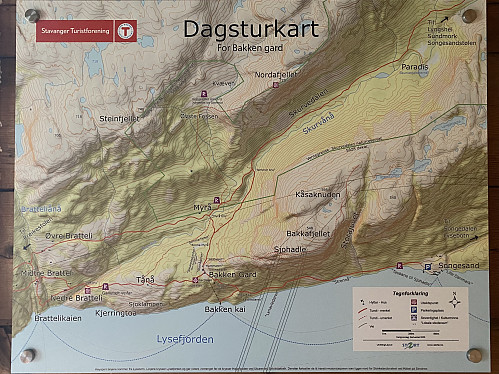 Dagsturkart for Bakken gard med dei ulike rutealternativa til Bratteli