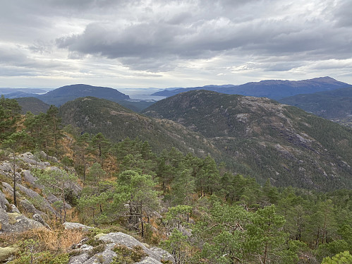 Straks på toppen av Fuglanuten, og me får flott utsikt utover mot Junkervarden/Tveitaråheia, Grytenuten og jamvel Boknafjellet bakerst. Nærast sjåast Middagsfjellet og Hambornuten