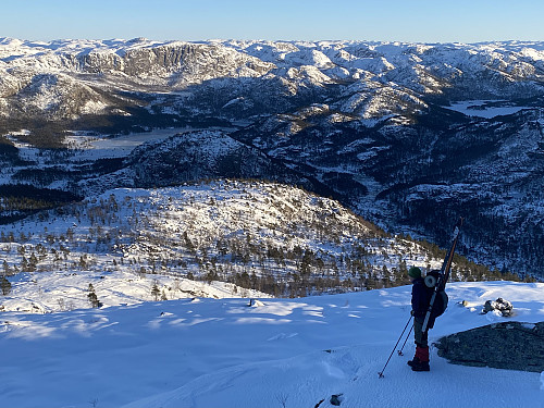Nedgang frå Terneheia på hardt føre. Me ser mot Solknuten ved Forenesvatnet, Vardhusheia ovanom Longavatnet og Holmavatnet heilt til høgre
