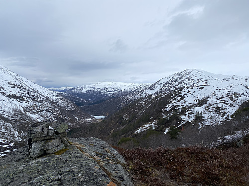 Utsikt mot Øktarenuten og Nonsnut som nesten går i ett, og ned dalen mot Grastjørn ved E134