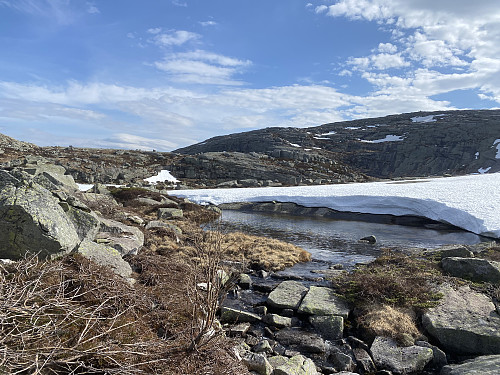 Utløpet av Høgavatnet som på 729moh utgjer øvste kjelda til Jørpelandsvassdraget