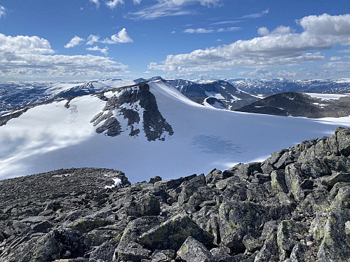 Vestlig utsikt med mange kjenninger; Vestre Holåtind, Tundradals- og Tverrådalskyrkja, og dessuten selveste Lodalskåpa
