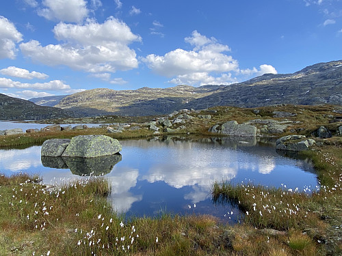 Like ved demninga med idyllisk tilbakeblikk på ruta mi. Turmålet ligg oppe til høgre for dei to snøfennene bakerst i bildet
