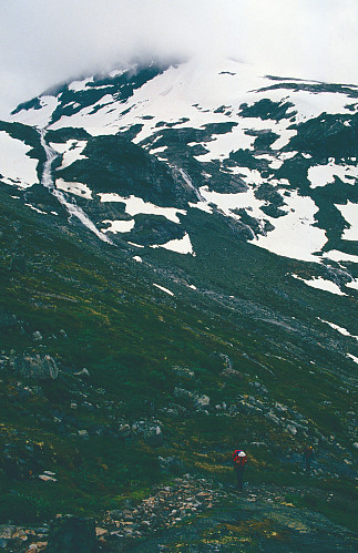 I stigninga opp mot 1200moh med elva frå Skogadalsbreen i bakgrunnen