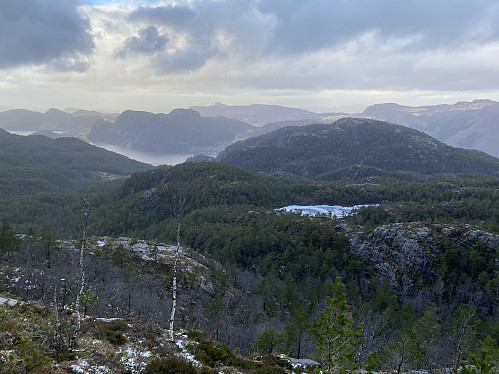 Frå like oppunder toppen av Størnafjellet med tilbakeblikk mot Svadbergfjellet og islagde Raunetjødna. Det er kupert terreng her, ja!