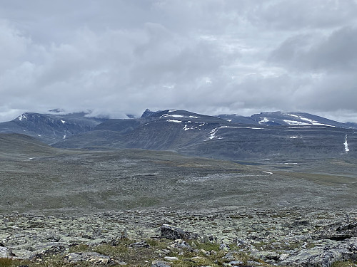 Mot Svånå- og Langvasstindmassivet med Snøhetta i skyene lengst til venstre. Store Langvasstind er den framtredende toppen i midten