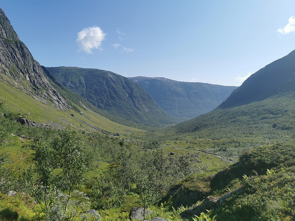 Tilbakeblikk nordøstover Frudalen. Veien like før Frudalstunnelens østmunning kan skimtes. 