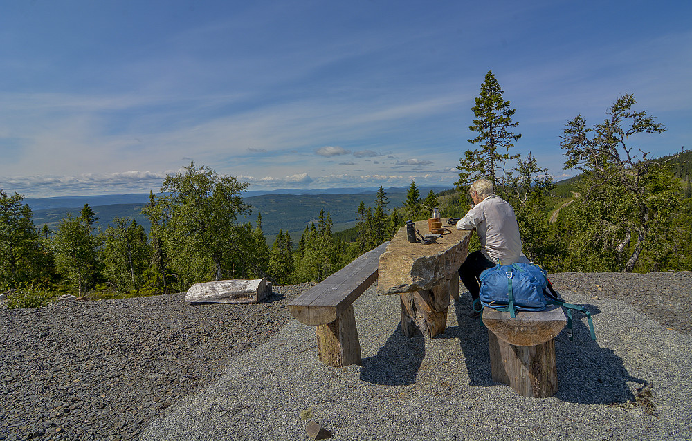 I dag ble det tre fine skogkledde topper, med lite utsikt. Vi ventet med kaffen til vi fikk bedre utsikt, utsikten mot
Løsset og Storsjøen.