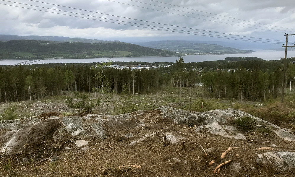 Utsikt fra Lykkjehagan mot Mjøsbrua, Moelv og Biri.