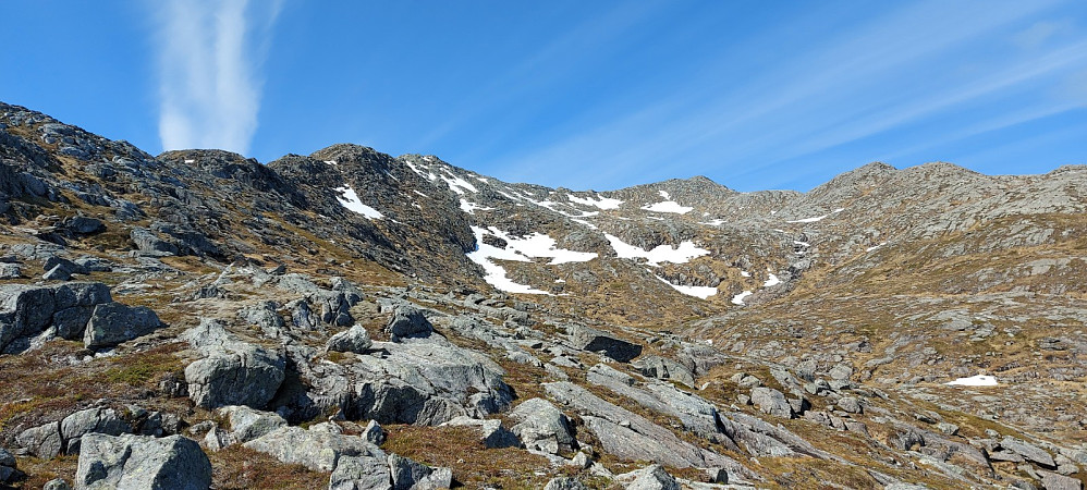 Flott tur til Høgtuven på en solfull, men også vindfull dag, så det var godt å ha på vindjakka. Fant ingen merka sti, men fant en turbeskrivelse på nett som jeg fulgte, den fungerte helt fint. Fulgte grusvei fra Hestad inn mot Hestlielva, deretter oppover i terrenget på sørsiden av elva. Gikk etterhvert på ryggen oppover til Hestadtinden og Høgtuven. Relativt lett terreng hele veien.
