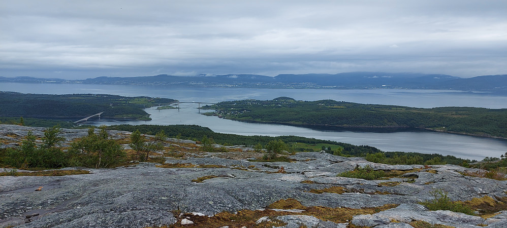 Fin utsikt ned til Saltstraumen fra Tuvlia.
Vi tok turen bortom Tuvlia for bl.a. å se på steinalderboplassene, men infoskiltene i området var midlertidig fjernet, så ikke mulig å finne info om plassene.