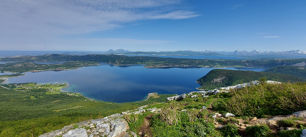 Kjempeflott dag for tur. Vi hadde overnatta nede på parkeringen og var klar for tur rett etter frokost. Varmt og trykkende nede i skogen, men heldigvis en svalende bris over tregrensa. Der var det og en flott utsikt inn mot Bodø.