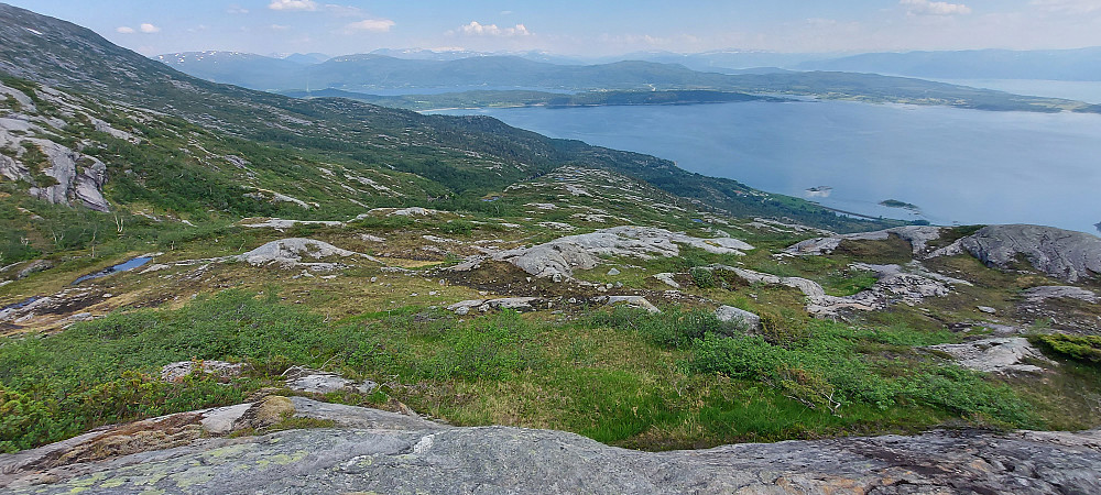 Fant aldri noe sti ned fra Kistrandtinden. Satte derfor kursen rett nedover, og tok etterhvert sikte på ryggen sør for Mølnelva ved ca 450 moh. Fulgte elva ned til Rv 80 og det avtalte hentestedet.