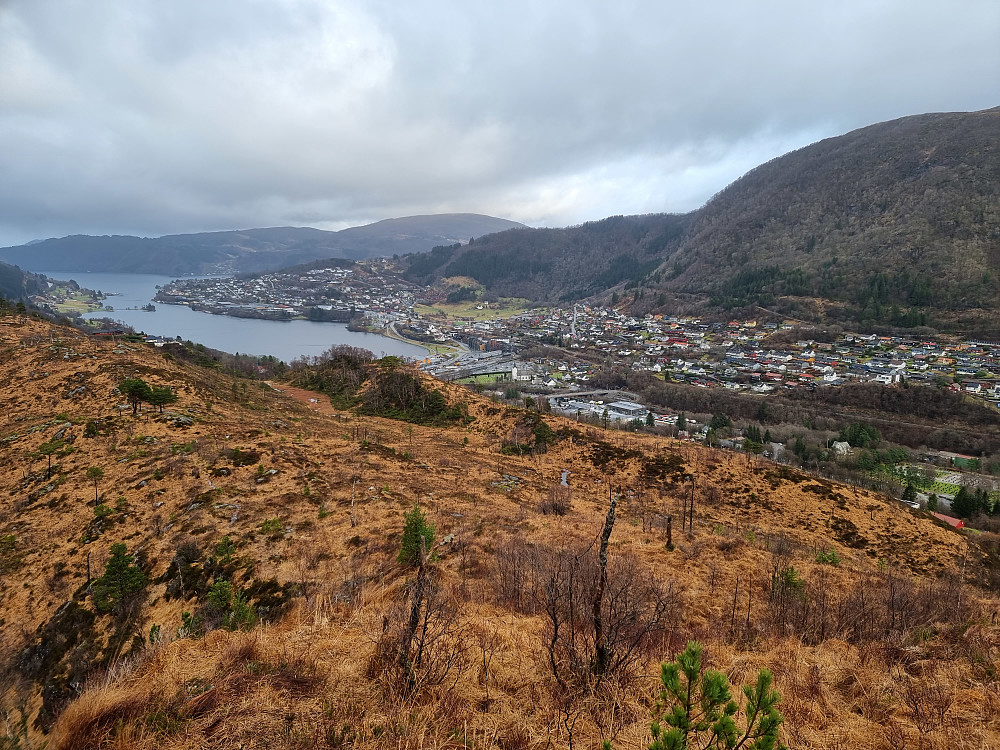 På vei ned fra Storenuvarden er det fin utsikt. Indre Arna til høyre, med Ådnanipa oppe til høyre.