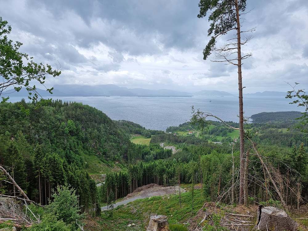 På ca. 200 moh. var det en fin plass med en liten heller. Her var det god utsikt. Tysnes bak til høyre. Tysnessåta i skyene til venstre for midten.