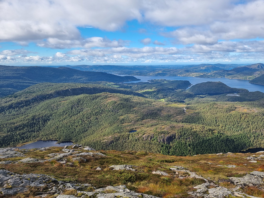 Fra trig.punktet på Olgrøda. Osterfjorden til høyre. Gardstjørna nede til venstre.