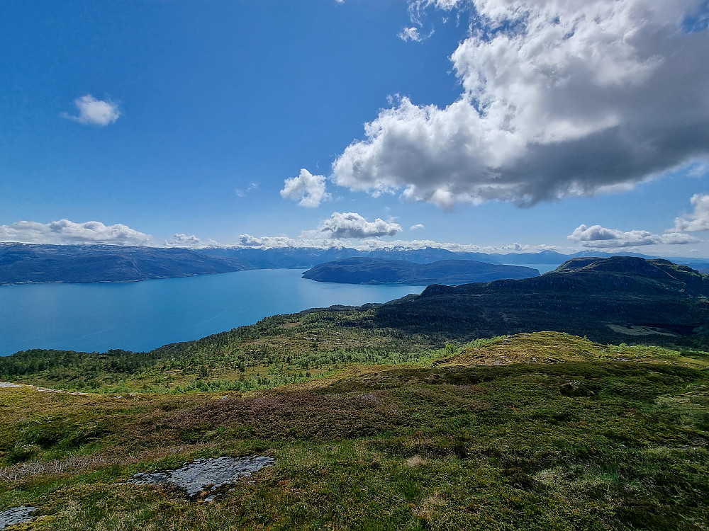 Fra Grønebergsfjellet mot sørsørøst. Varaldsøy til høyre for midten. Til høyre Vedasnerta med Steinen (Nessteinen) bakenfor.
