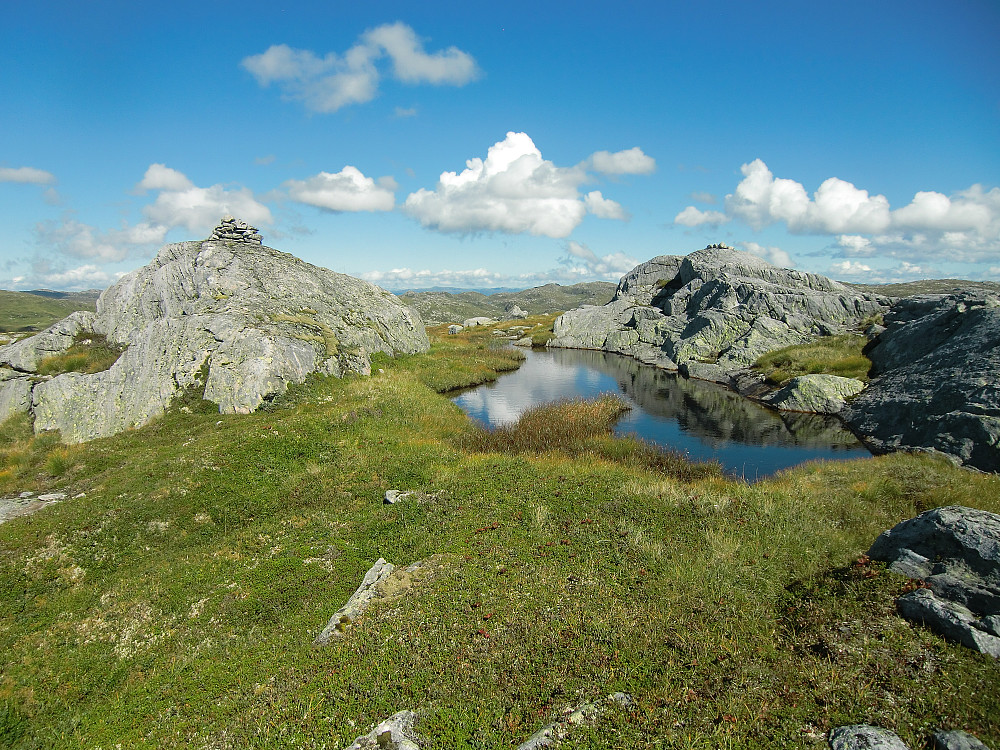 Bjørnshiklanten, høyre knaus er 40 cm. høyere en venstre knaus. PB nålen er plasser i vann mellom knausene