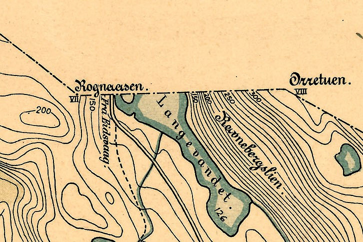 grensepunkt VII ved påført navn Rognåsen. Utklipp fra kart datert 1907 for å vise grensepunktet