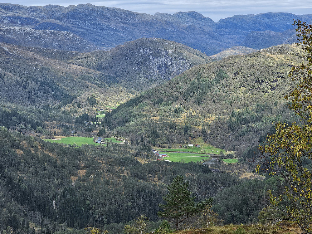 Mæland gårdene i Langedalen sett fra Slåttenovi