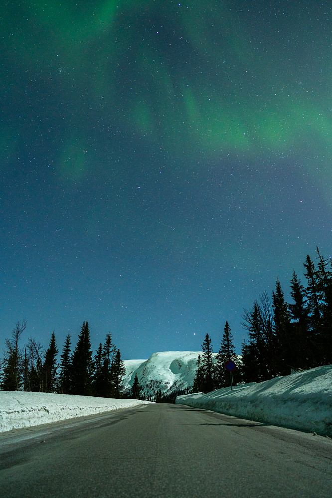 Ikke ofte man kan se nordlys mot sør her. Bergshammaren er fjellet i enden. Februar