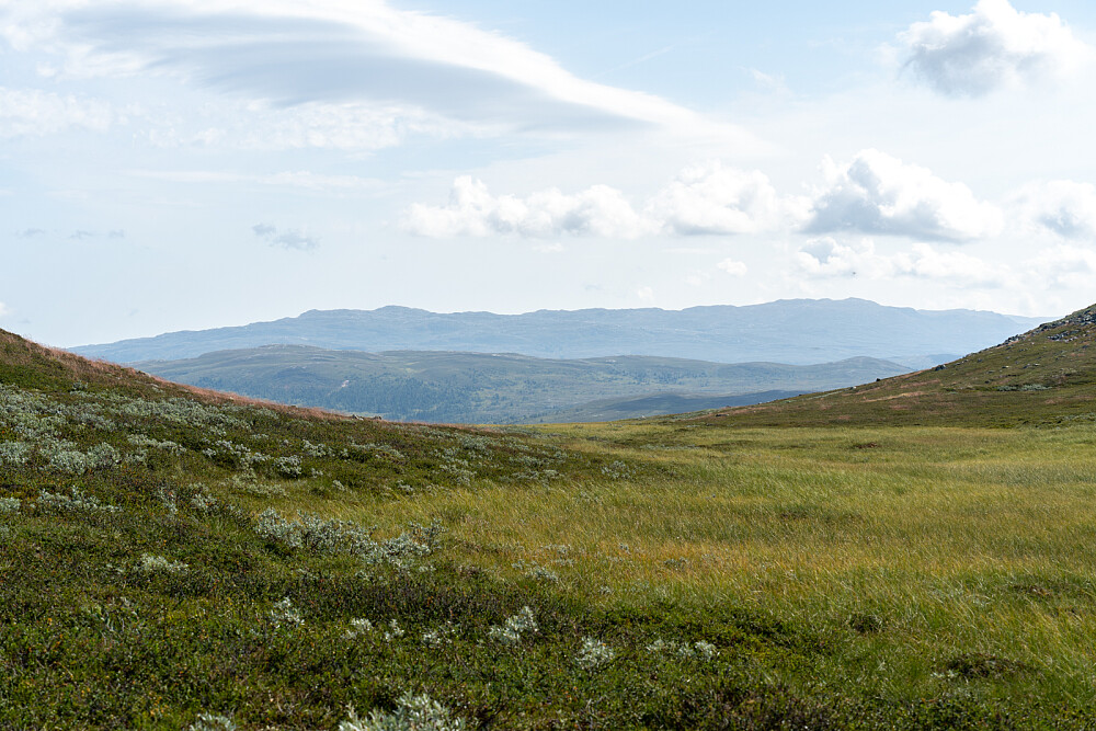 Begynt å bevege meg igjen. Nesten i nordøstenden av Piktjern kan denne jevne buen sees. Norefjell i utsikten