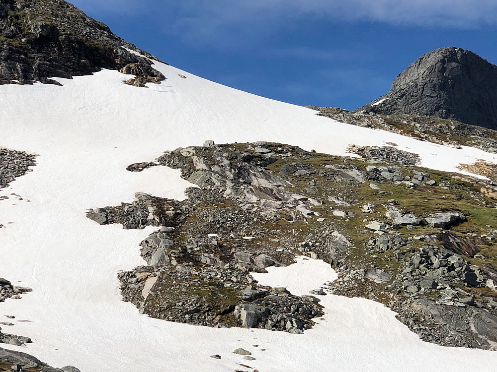 Returen ned her var kjempe gøy. Klyving ned østryggen til høyre i bildet, og rumpespor til venstre over snøbreen.