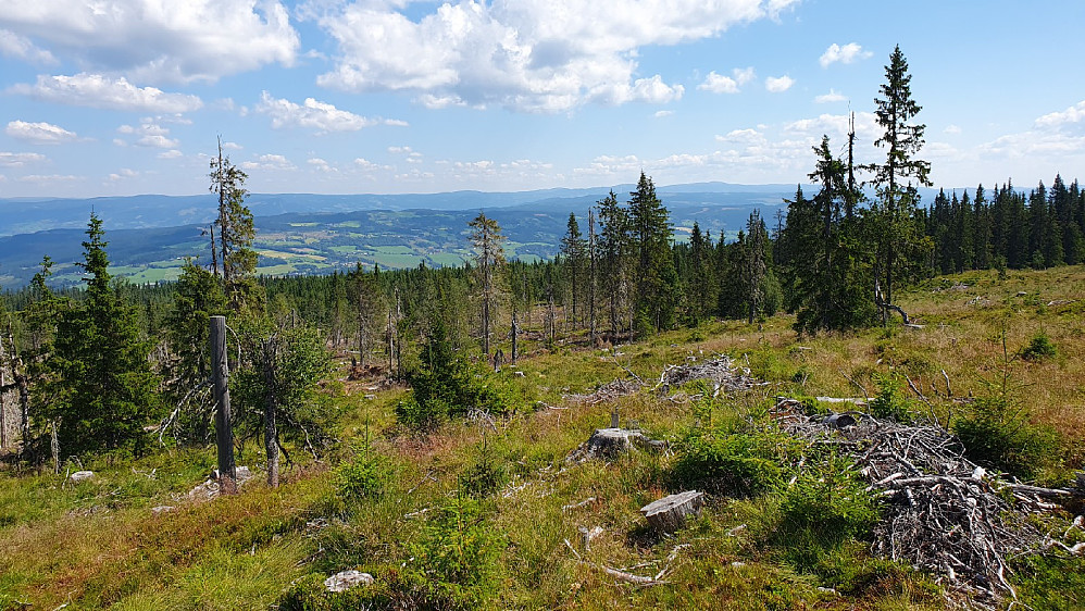 Trettehøgda, trigpunktet, utsikt nedover østre Gausdal.