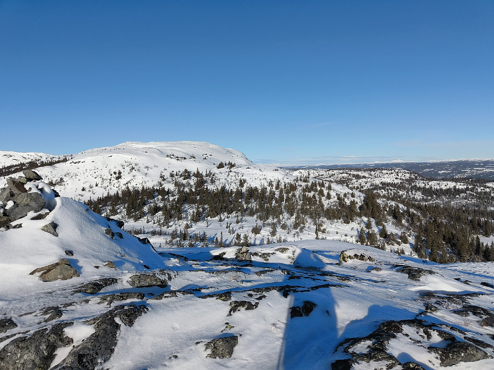 På Sæterfjellet etter kort tid, med flott utsikt i mange retninger i godværet. Opp mot Bjørgovarden bak.