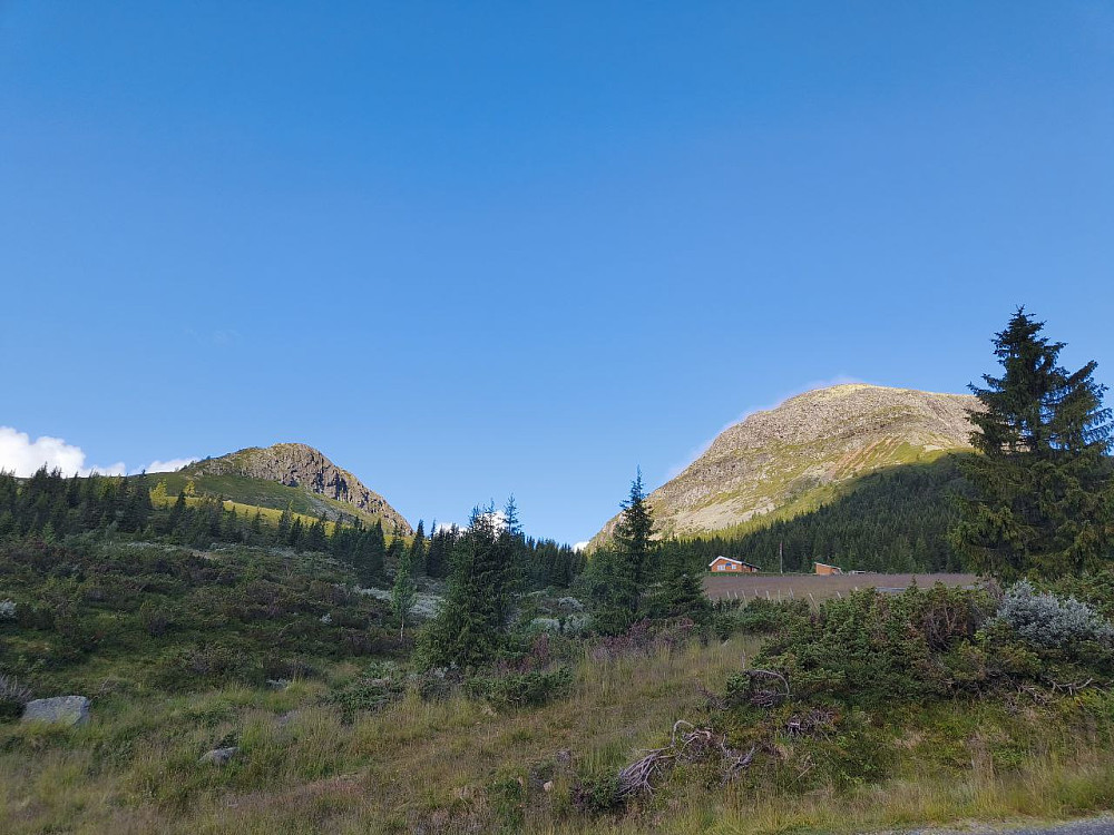 Fra parkeringa mot Kalvemellen (t.v) og Rundemellen (t.h). Østryggen går bratt opp like til venstre for grana til høyre i bildet.