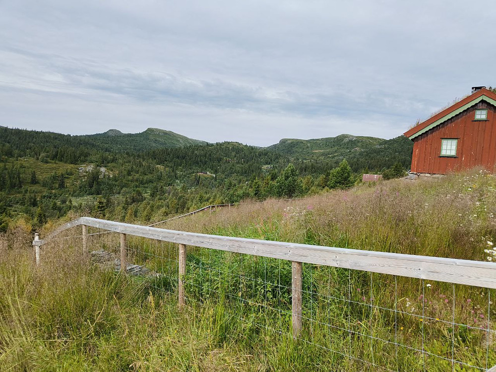 Nær Haslasætri, innerst i Bjødalen. Mot Store og Lille Syningen, og med Hollastølsfjellet opp til høyre.