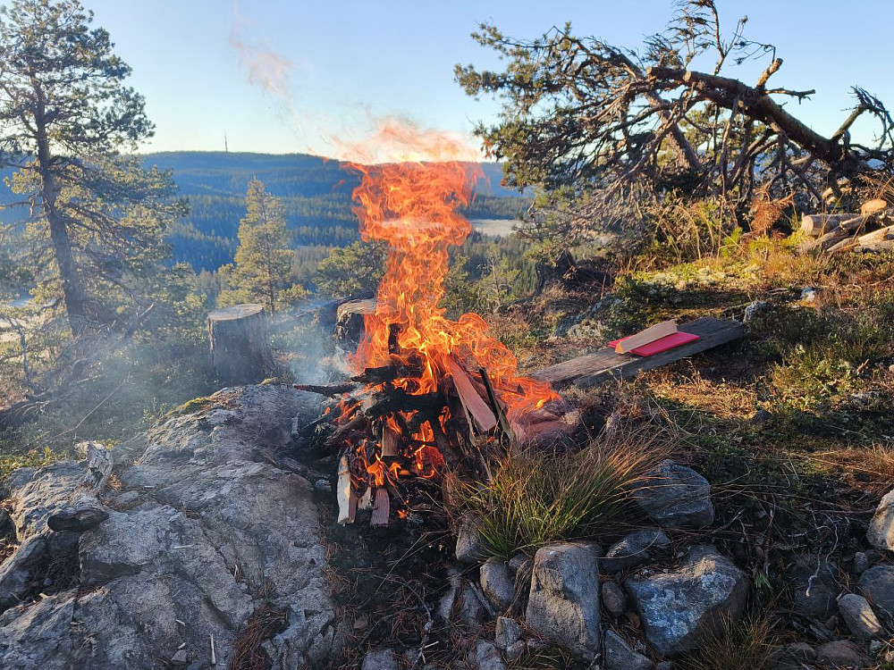 Mye fin og tørr furuved her oppe nå, som gir en egen deilig lukt, synes jeg. Etter hvert noe vind, selv om den ikke skapte særlige problemer. En liten vedski på sitteunderlaget, for å sikre at det ikke skulle fly avsted...