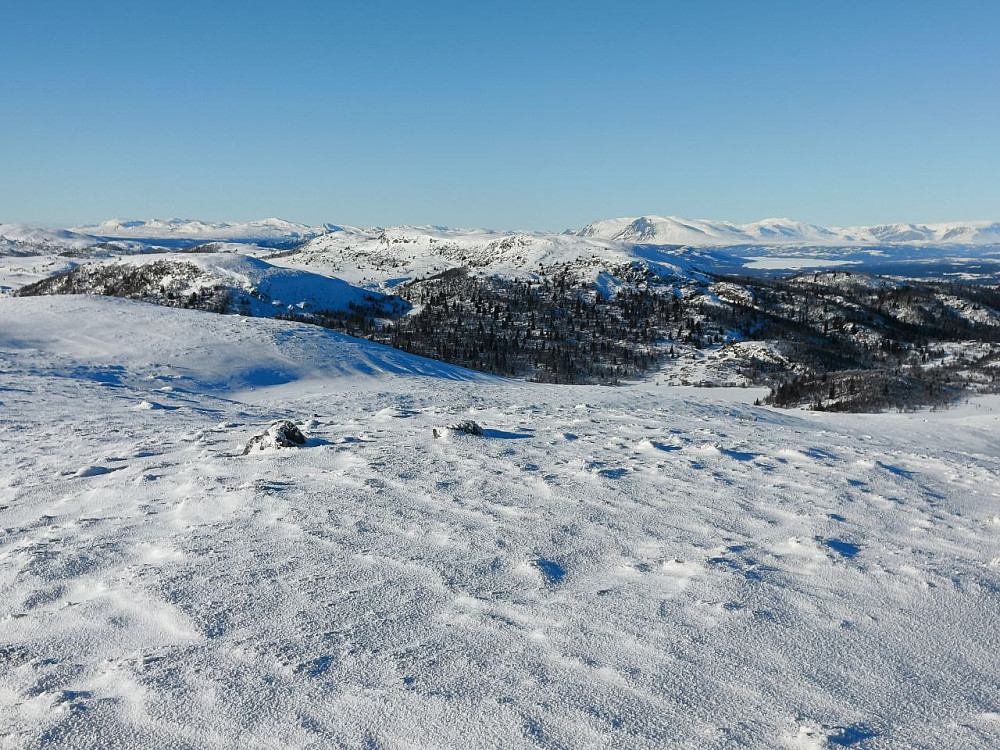 Fra toppen mot vest, mot Falken, med Skogshorn og Hemsedalsfjell bak.