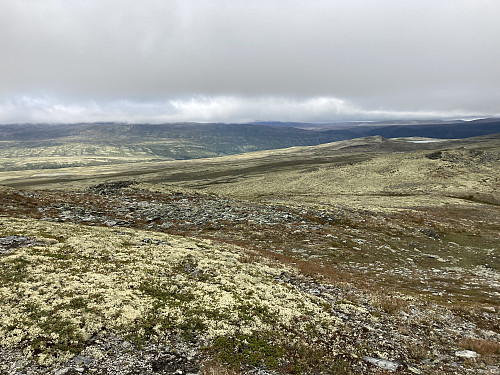 Utsikt ned igjen mot 1385-haugen og bilen