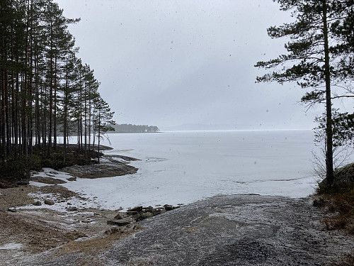 Snøvær som driver forbi den store innsjøen Follsjå 