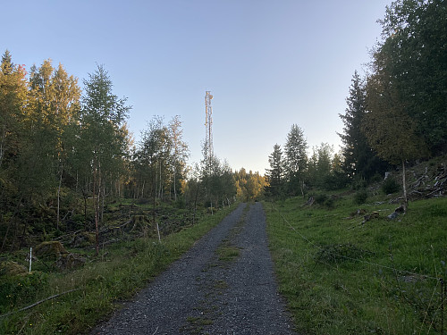 Veien går opp til antennemasta bak i bildet. Videre på sti i samme retning til hytta ved toppen