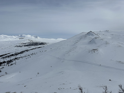 Utsikt mot SV fra Heimfjellet. Anaripigg og Karihaugen til høyre i bildet