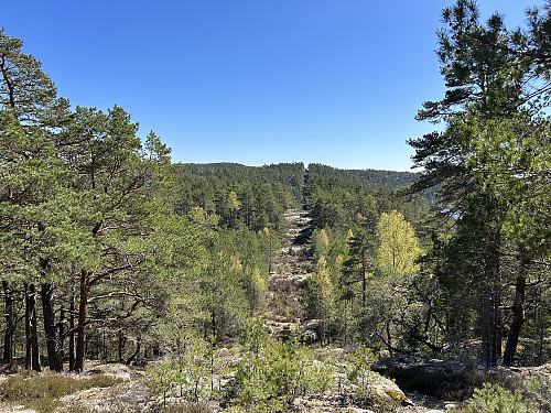 Snart på toppen av Stenbudalskollen (riksrøys B), riksrøys C kan så vidt skimtes ved toppen midt i bildet.