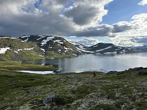 På vei opp mot Storaskardshøgdi sør på jakt etter 4G-signaler:) Teltplassen vår er nede til venstre i bildet.