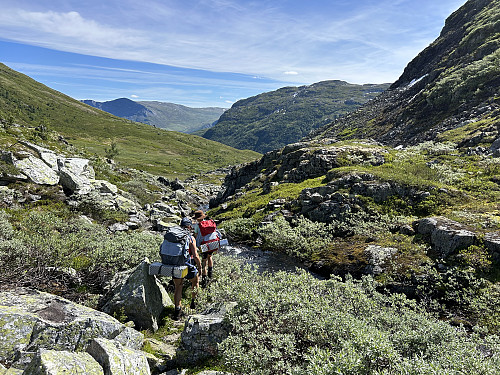 På utydelig sti nedover langs øverste del av Bjørndalen