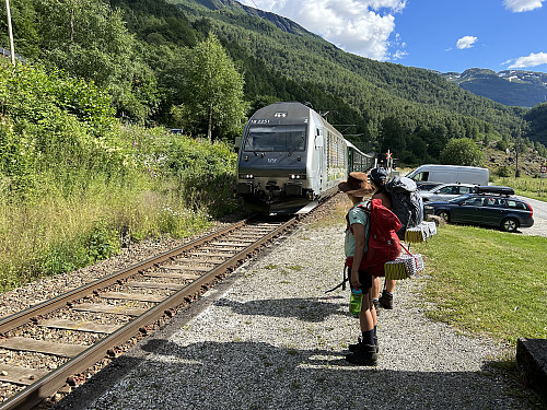 Vi så ingen grunn til å traske nedover til Flåm på asfaltvei, dermed ble det togskyss fra Håreina til Flåm:)