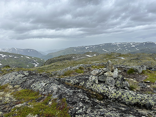 Toppen av Sauafjellet med utsikt vestover. Vesttoppen ses omtrent midt i bildet.
