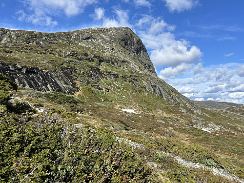 Fra stien ser man at det er gode forhold for å legge en Via Ferrata løype opp mot Synshorn 