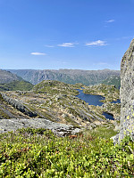 Utsikt fra toppen mot et uryddig landskap og fjellene nord for Ørsdalen.