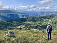 Utsikt mot Stavdalen med støler og hytter. Nomelandsfjellet til venstre og Homfjellet med Stol til høyre.