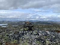 Utsikt mot Suldalsheiene i vest. Napen og Såta til venstre for varden. Snønuten og Kaldafjellet til høyre.