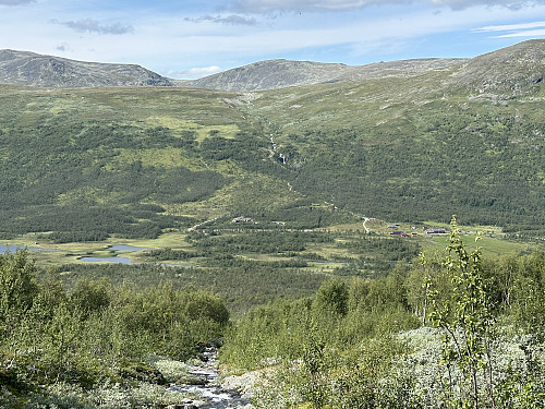 Utsikt til Sikkilsdalsetra og Prinsehytta litt oppe i lia.