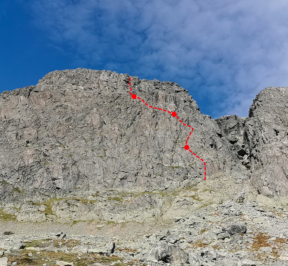 Storhengi på Hallingskarvet. Har tegnet inn omtrentlig ruta vi gikk, med standplasser.
